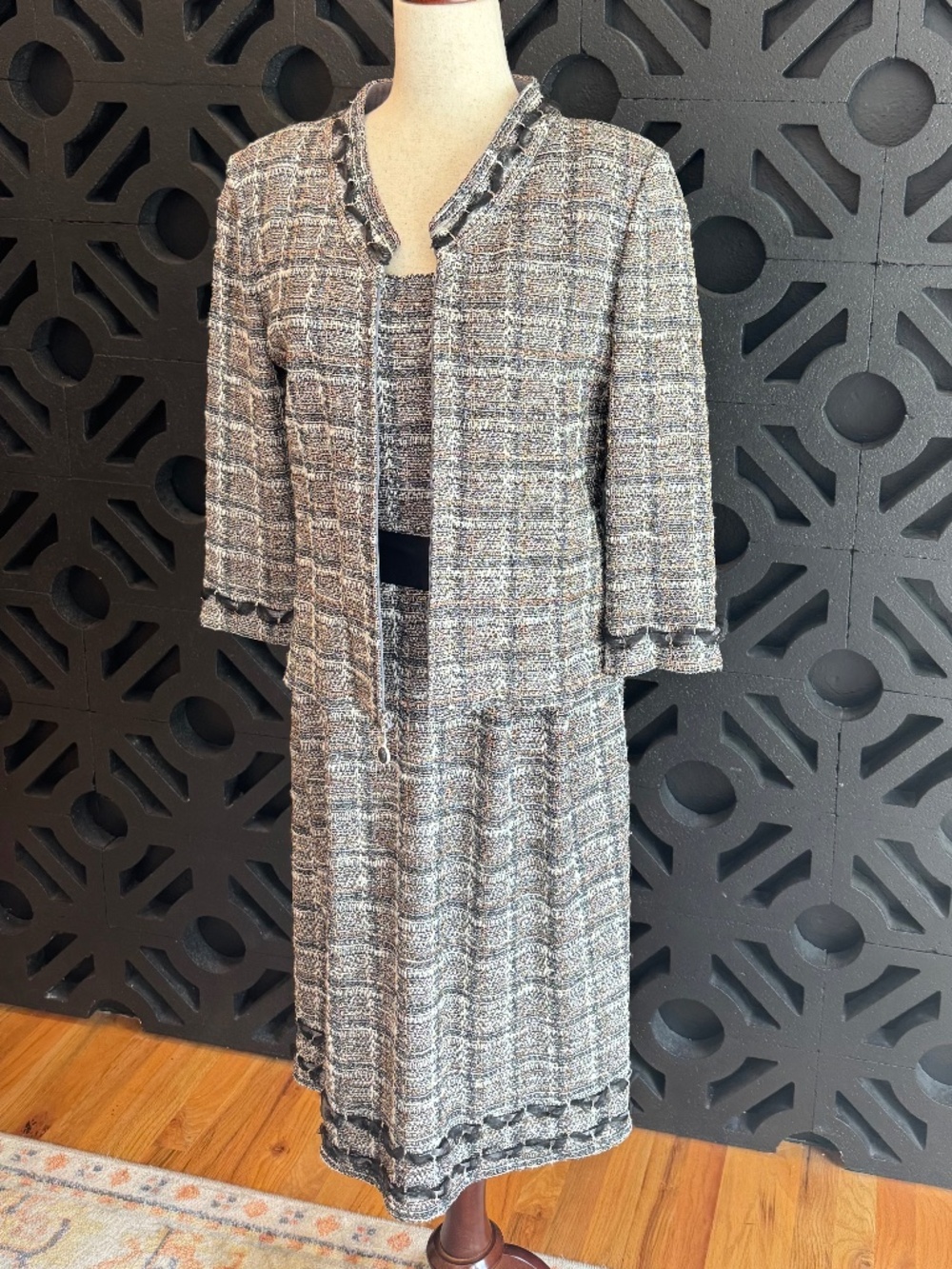 St. John Knit Tweed Dress & Jacket Set Ribbon Trim Size 8